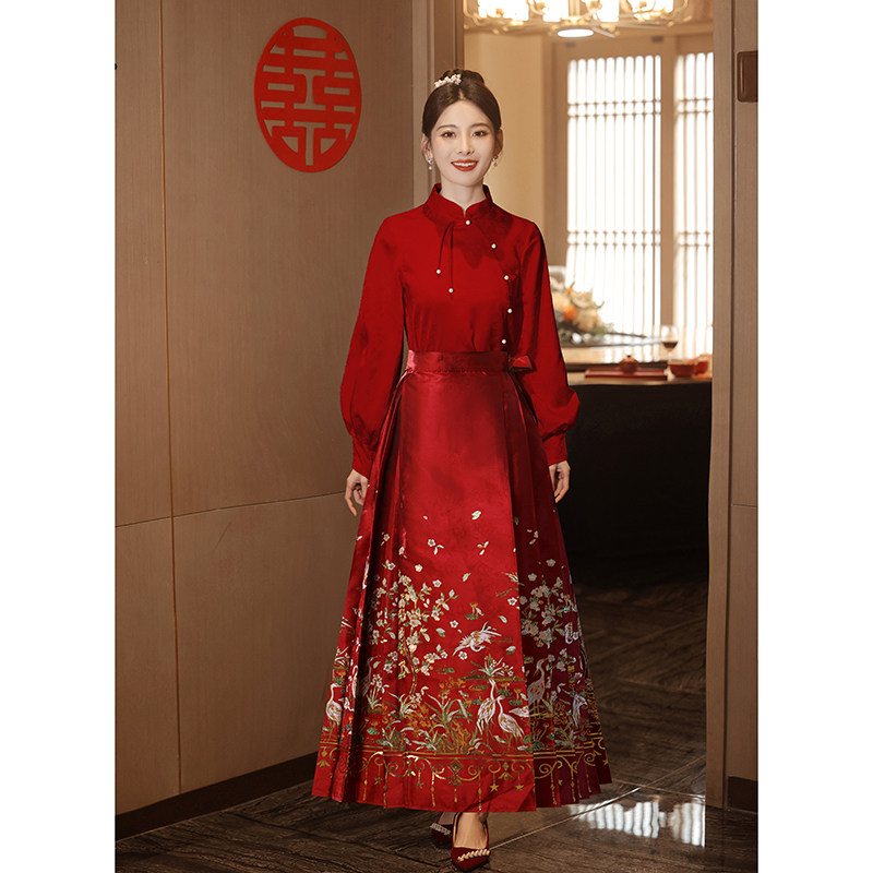速发马酒裙婚服套装新面服嫁衣订婚服敬娘酒红色旗袍结婚新中式礼