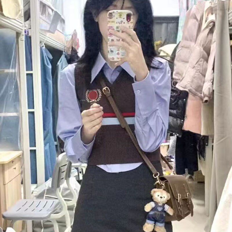 速发针织马甲搭配裙子韩剧穿搭三件套秋装搭配一整套装连衣裙