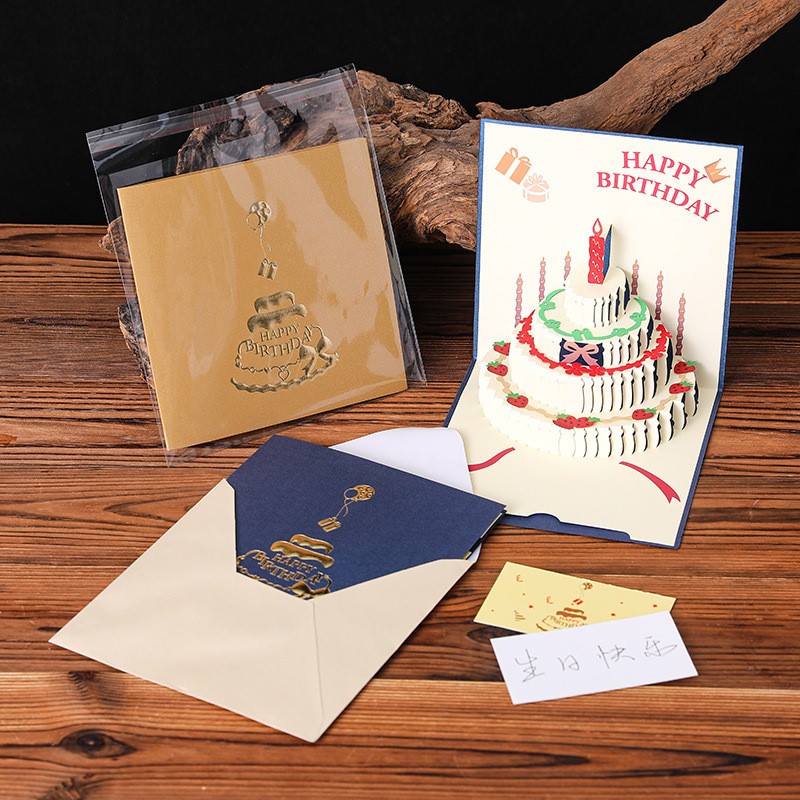 新品生日蛋糕3d立体贺卡许愿祝福卡片心愿贺卡Happy birthday送闺
