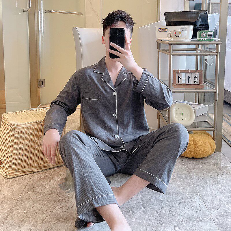 速发2025新款夏季薄绸睡衣透装男款套气长袖开衫大码家居服棉款春