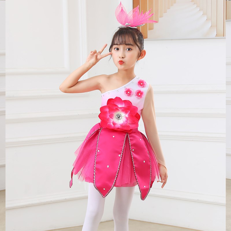 新品女童玉兰花开舞蹈服儿童公主玫红色篷篷裙幼儿莞邑玉兰香演出