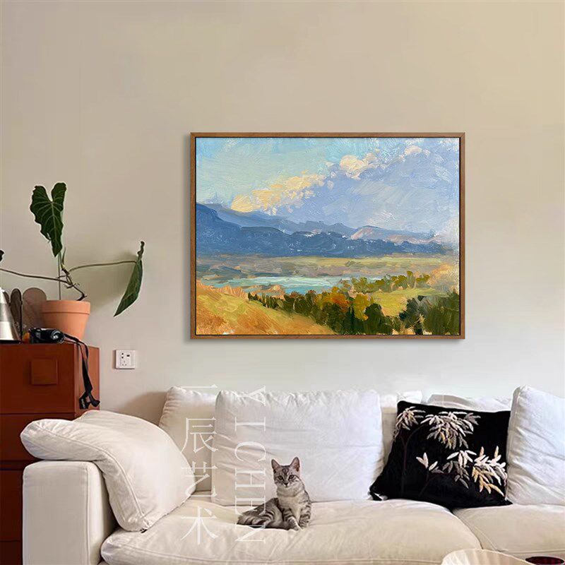 速发YHE 《湖聚财源》新中式纯手绘油画写意茶室宋代挂画