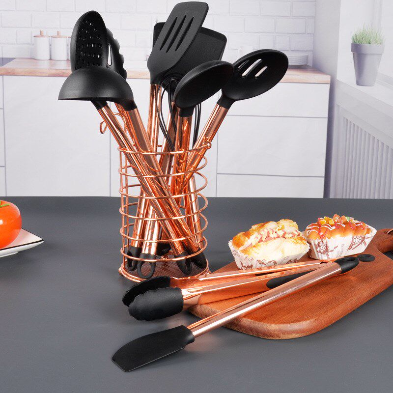 速发玫瑰金管柄硅胶厨 套装 厨件用具10件套具不粘锅硅胶铲勺套房