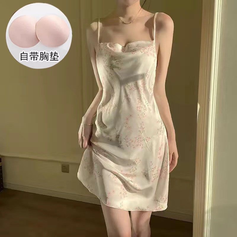 速发美丝垫睡裙胸滑夏薄款法式吊带甜加露背外穿连衣裙子家居服