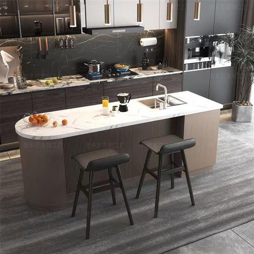 速发意式极简家用实木弧房桌断中岛大理石酒水吧台一体柜厨形餐隔