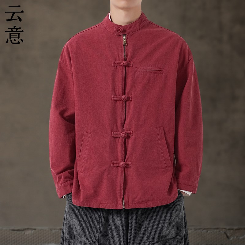 速发春新中式夹克立中国风盘扣男领唐装宽松复古汉青休闲外套服年