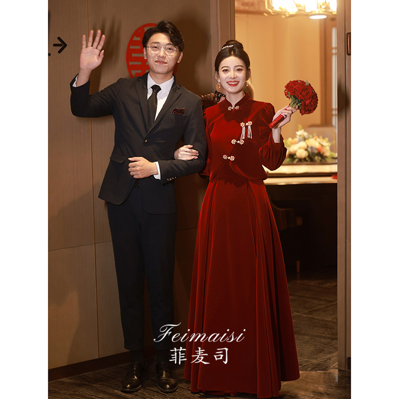 速发中婚敬酒服20服新款新娘秀禾2酒红色套装丝绒衣服旗袍订式礼