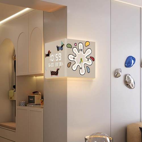 多巴胺客厅转角双面挂钟奶油风卡通小狗创意时钟壁灯拐角电子钟表