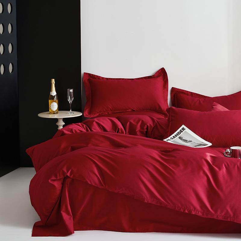 简约纯色红色婚庆100S长绒棉四件套结婚全棉贡缎床单被套床上用品