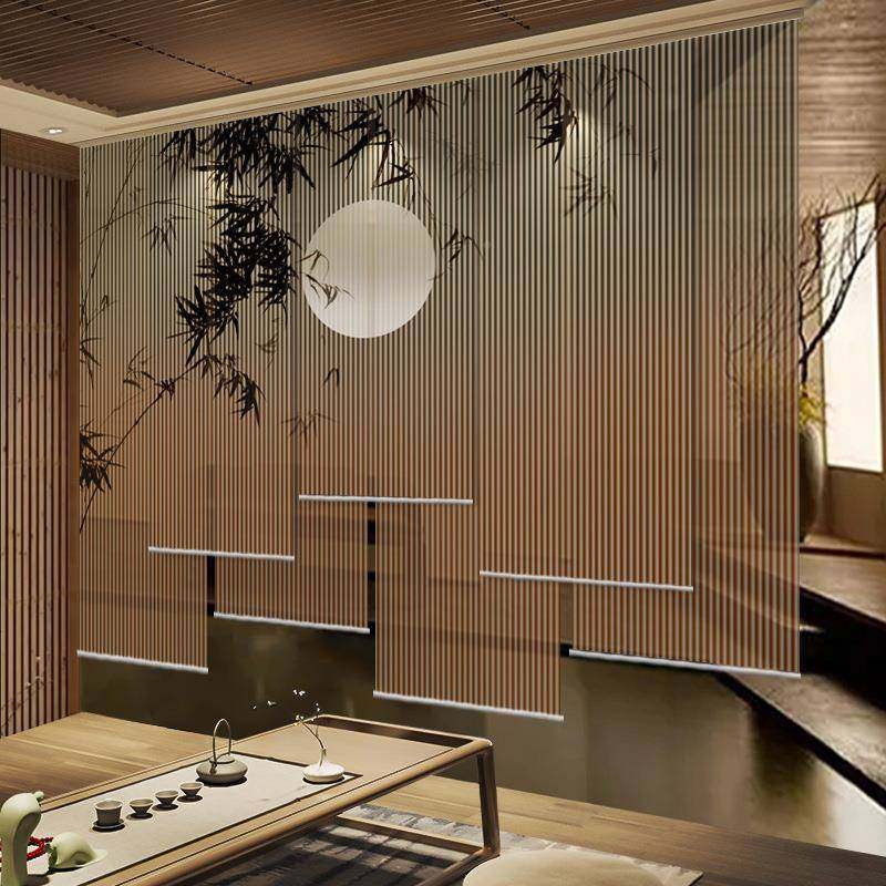 中新式卷帘窗帘卷拉式电升动降客厅F978JSTT茶室软隔断帘屏景风帘