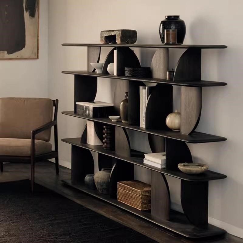 热销实木书架黑色落地侘寂博古架北欧书柜展示柜客厅多宝格屏风隔