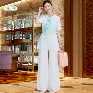 技师工作服养生会所旗袍足疗足浴服女夏显瘦性感连衣裙短裤两件套