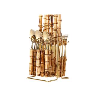 镀金刀叉勺24pcs家用派对宴会不锈钢餐具礼品套装竹木