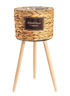 僮烨编织花盆草编花篮藤编落地木质高花架客厅装饰芦苇编织花盆