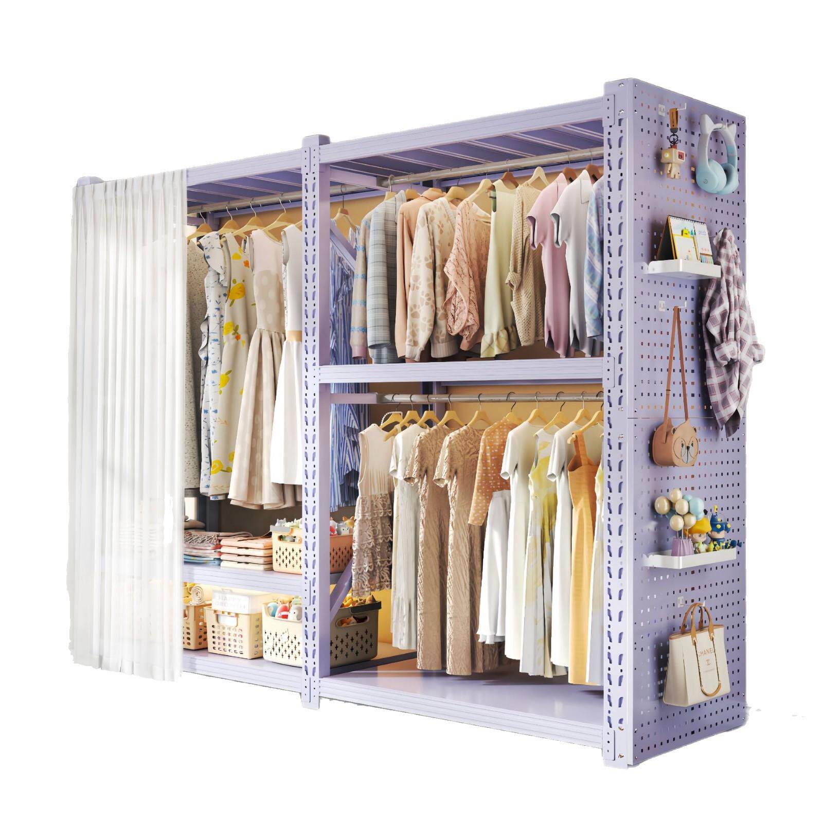 货架衣柜开放式挂衣架简易组装落地防尘钢制多层置物架出租房衣架