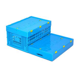 600-00折叠筐带盖蓝色塑胶拦腰式可叠鸡蛋收纳筐长方形冷库胶框