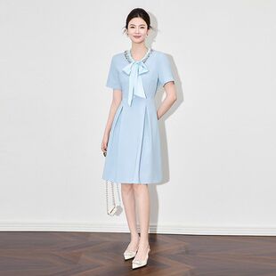 名媛气质蝴蝶结亮片V领收腰显瘦连衣裙 高级感法式 2025夏季 新款