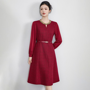 高级感亮丝编织粗花呢连衣裙收腰显瘦红色新年宴会中长裙秋冬新款