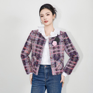 高端亮丝编织粗花呢紫色小香风外套女短款加厚羽绒服外套冬季新款