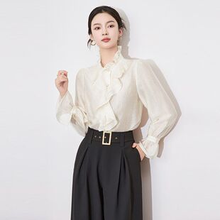精美高级感上衣春新款 2025年南油千金风宫廷木耳边立领衬衫 女法式