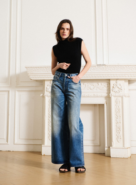 GALASHELLS#0420501 松弛通勤吸烟装高腰阔腿拖地水洗牛仔裤