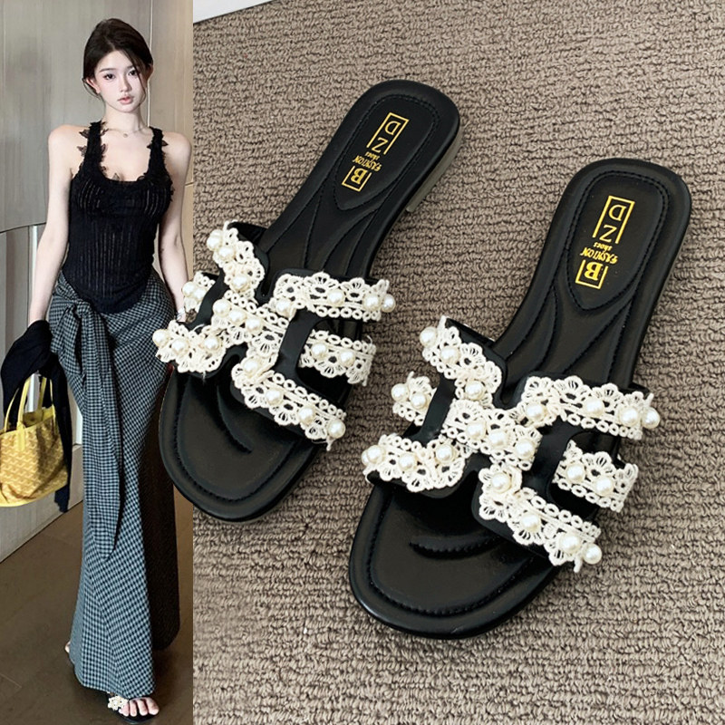 小香风平底百搭凉拖鞋女夏季外穿珍珠蕾丝一字拖鞋2025新款沙滩鞋,女鞋,一字拖,淘宝优惠券,粉丝福利购,淘宝优惠卷