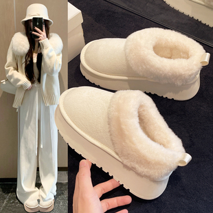雪地靴女冬季白色厚底加绒保暖增高毛毛鞋2025新款一脚蹬懒人棉鞋