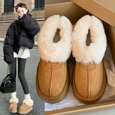 厚底低帮雪地靴女冬季2025新款加绒棉鞋一脚蹬保暖毛毛鞋面包鞋子