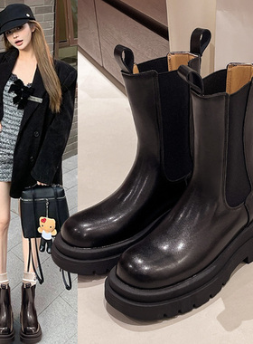 mona同款厚底增高马丁靴女秋冬季切尔西靴子2025显瘦英伦风烟筒靴