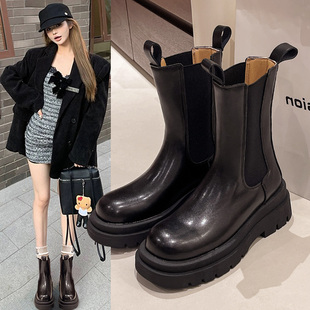 mona同款厚底增高马丁靴女秋冬季切尔西靴子2025显瘦英伦风烟筒靴