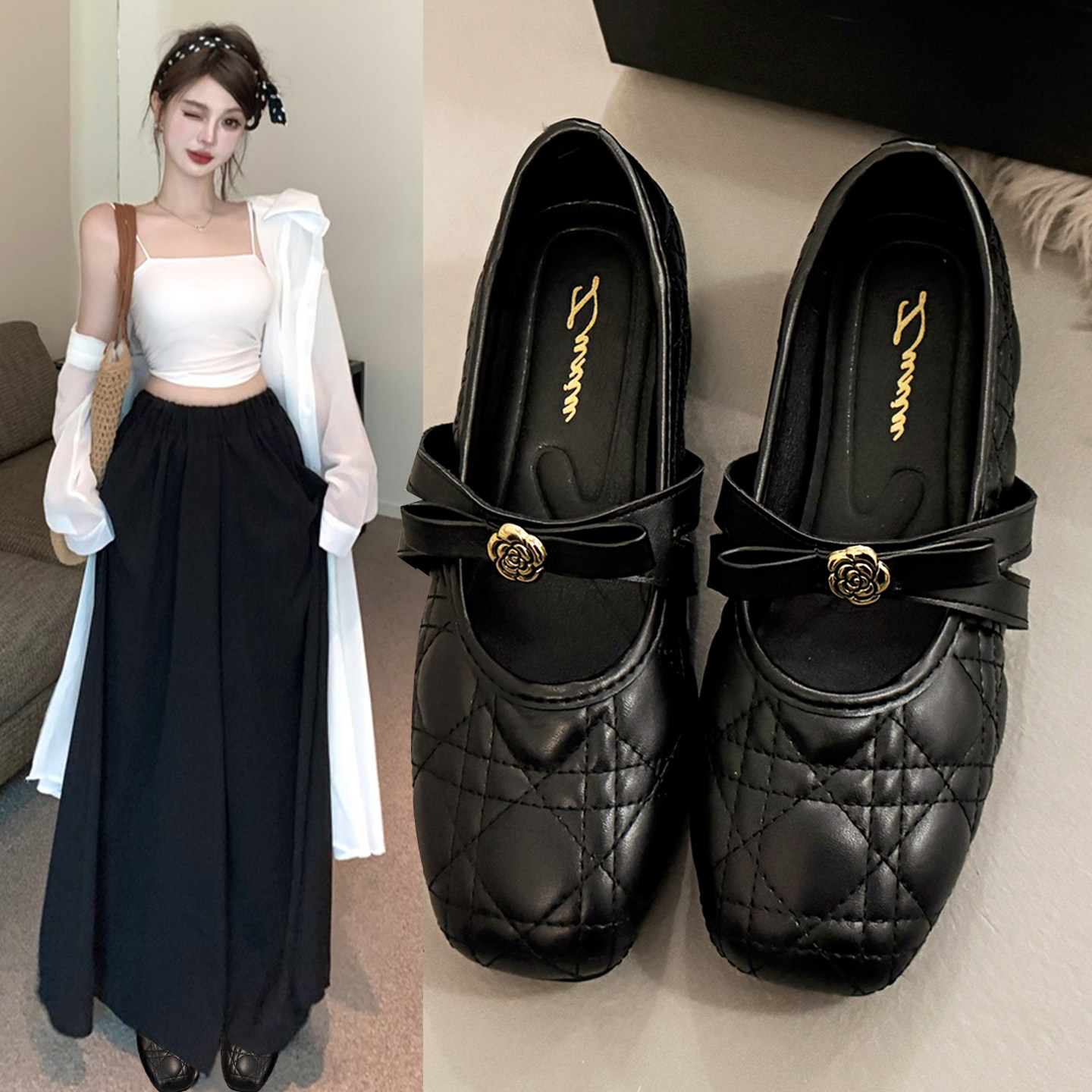 黑色菱格纹玛丽珍鞋女2026春夏新款内增高蝴蝶结小香风单鞋乐福鞋,女鞋,乐福鞋（豆豆鞋）,淘宝优惠券,粉丝福利购,淘宝优惠卷