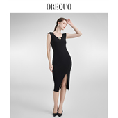 复古新款 OREQUO HOLIDAY法式 黑色连衣裙针织收腰开叉气质裙子女