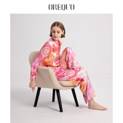 真丝睡衣女春秋款长袖印花套装