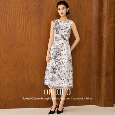 OREQUOHOLIDAY 连衣裙女装花卉印花宽松无袖长裙收腰显瘦