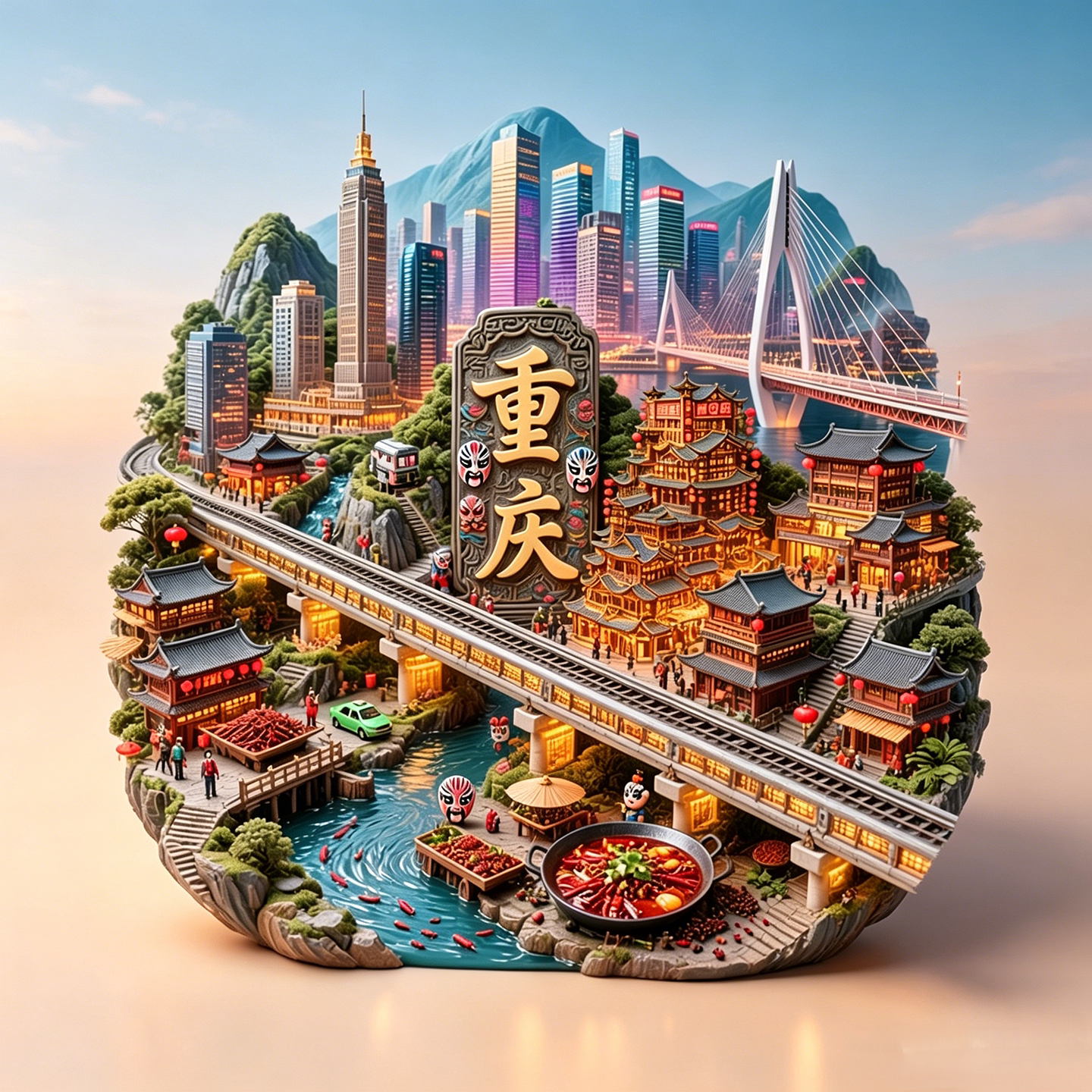 重庆冰箱贴金属立体浮雕城市文创旅游纪念品景点轻轨建筑群火锅款
