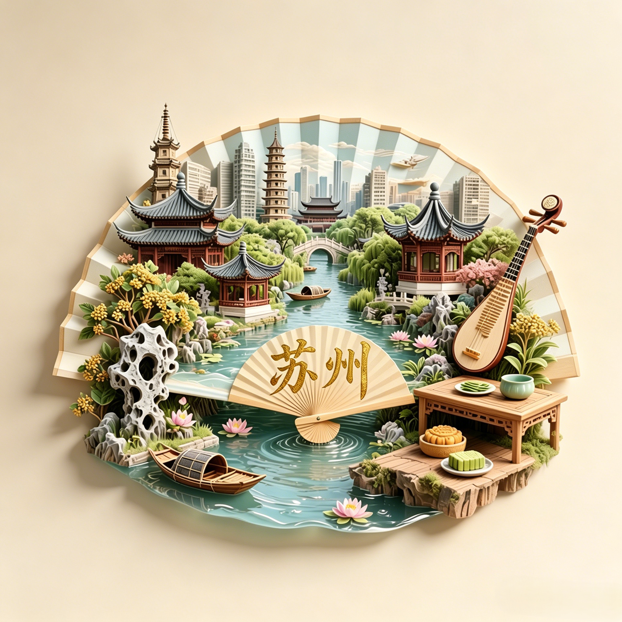 苏州冰箱贴文化主题文创纪念品扇形金属3D浮雕磁吸冰箱贴苏州园林