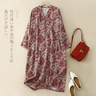 速发复麻印花松古长袖 袍子 连衣裙中年妈妈宽棉遮肚子中长款