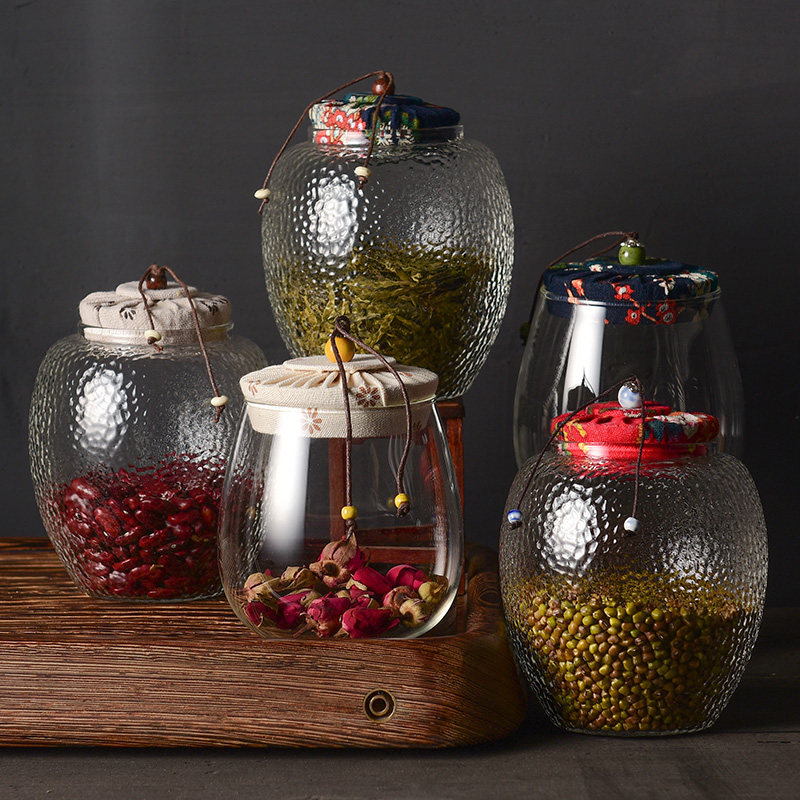 速发复古锤纹玻璃茶叶罐普洱茶罐子装茶罐家用便携密封储物罐