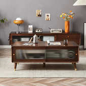 实木电视机柜2025新款 玻璃门影视柜原木客厅茶几电视柜墙柜地柜