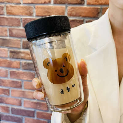 夏季高颜值水杯女可爱双层玻璃杯便携茶水分离泡茶杯高级感杯子