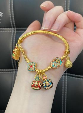 古法烧蓝五路财神半镯手链招财吞金兽一家三口女复古气质手镯