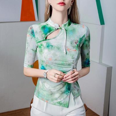 新中式盘扣立领扎染印花上衣女五分袖2024夏季旗袍领中袖网纱恤