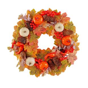 新品 南瓜松果花环门窗挂饰感恩节庭院浆果枫叶藤圈壁饰 秋季