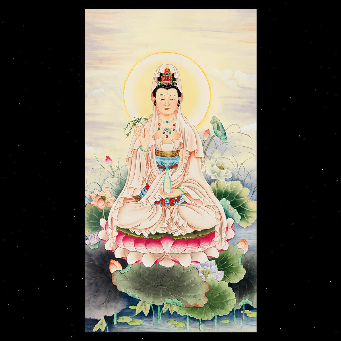 纯手绘工笔画白衣观音坐莲观世音菩萨画像佛像童子挂画卷轴挂轴