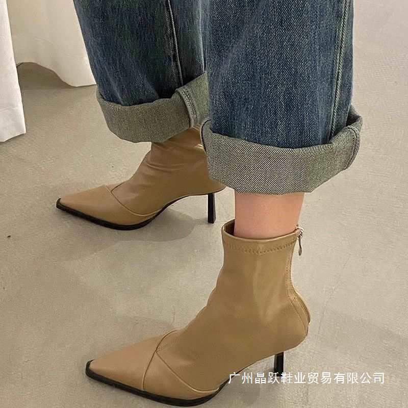 尖头法式白色高跟鞋秋冬时尚短靴女2025新款裸靴气质瘦瘦靴子