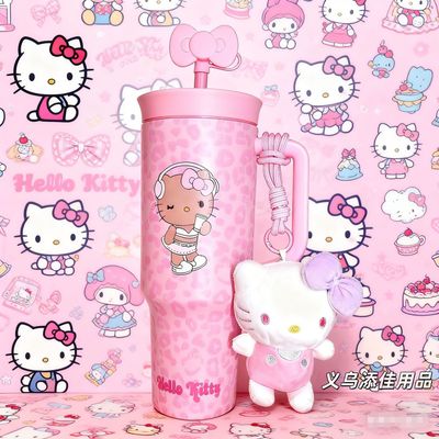 欧阳娜娜同款黑皮豹纹HelloKitty巨无霸保温吸管不锈钢水杯