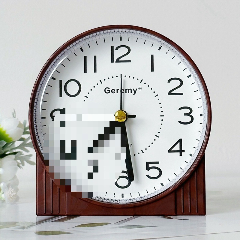 仿木纹复古圆形闹钟老人用大字摆台怀旧钟表极简创意中式桌面台钟