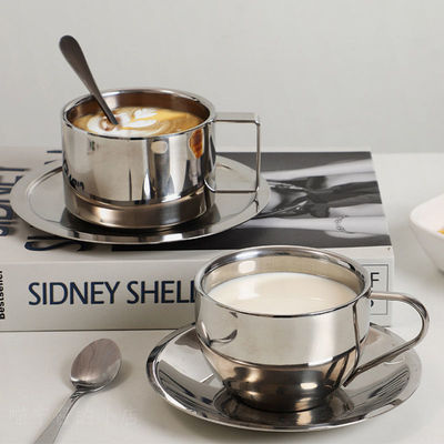 小众ins英伦风304不锈钢咖啡杯碟勺工业风欧式三件套拿铁杯浓缩奶