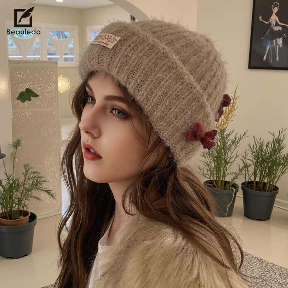 秋冬季韩版正反两面可戴蝴蝶结毛线帽女大弹力大头围显脸小针织帽