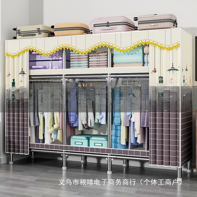 衣柜家用卧室简易布衣柜现代简约出租房用钢管加粗加固组装收